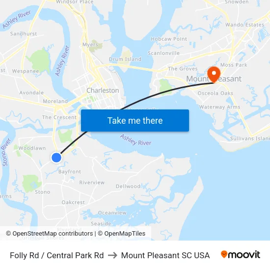 Folly Rd / Central Park Rd to Mount Pleasant SC USA map
