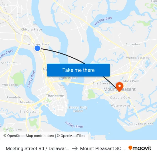 Meeting Street Rd / Delaware Ave to Mount Pleasant SC USA map