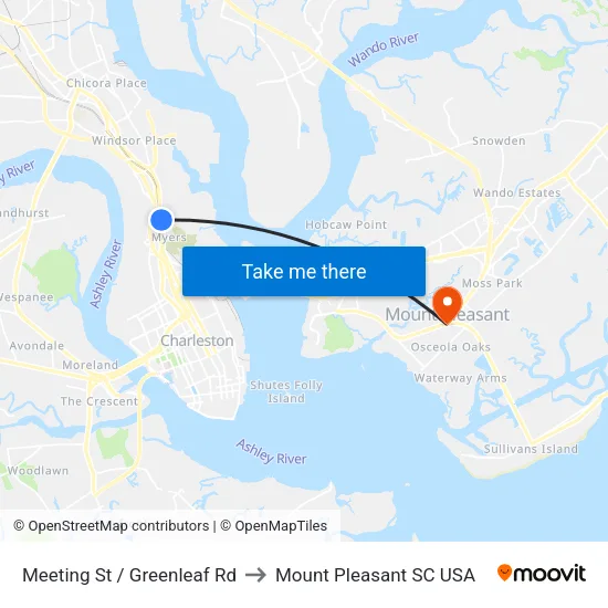Meeting St / Greenleaf Rd to Mount Pleasant SC USA map