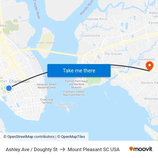 Ashley Ave / Doughty St to Mount Pleasant SC USA map