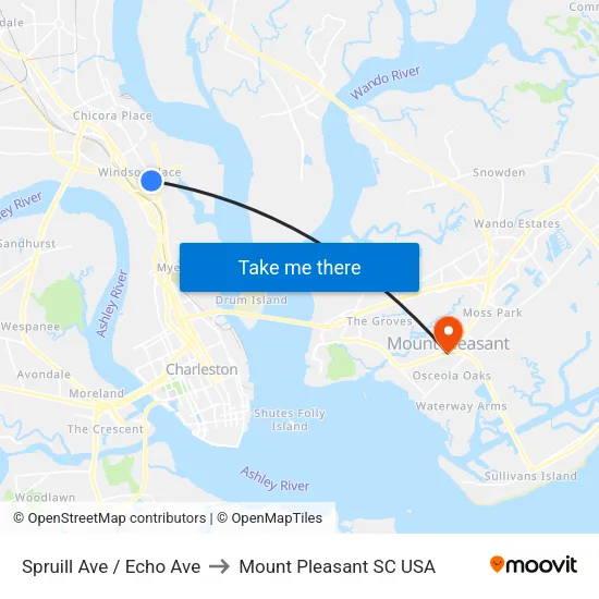 Spruill Ave / Echo Ave to Mount Pleasant SC USA map