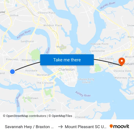 Savannah Hwy / Braxton Ave to Mount Pleasant SC USA map