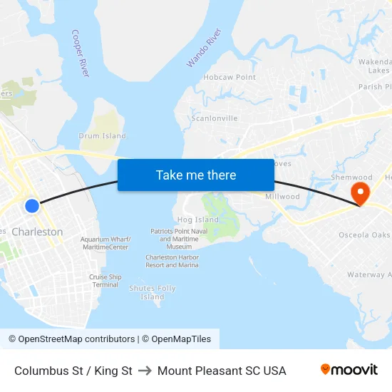 Columbus St / King St to Mount Pleasant SC USA map