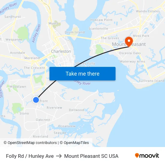 Folly Rd / Hunley Ave to Mount Pleasant SC USA map