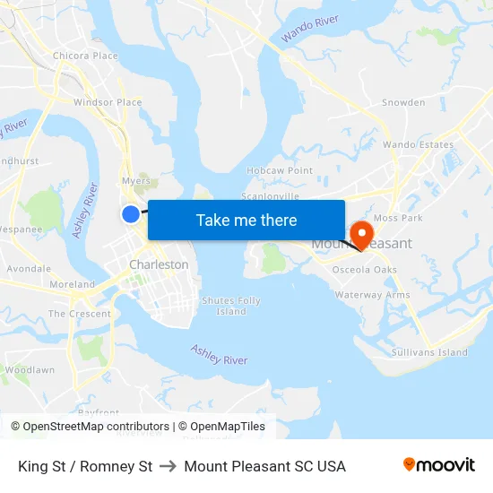 King St / Romney St to Mount Pleasant SC USA map