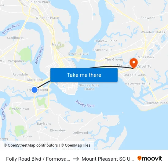Folly Road Blvd / Formosa Dr to Mount Pleasant SC USA map