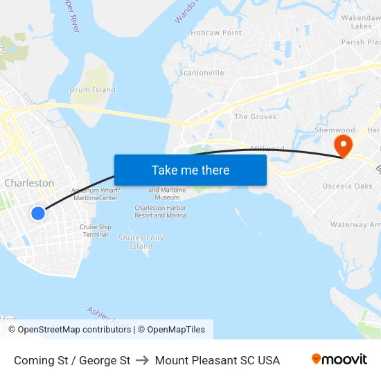 Coming St / George St to Mount Pleasant SC USA map