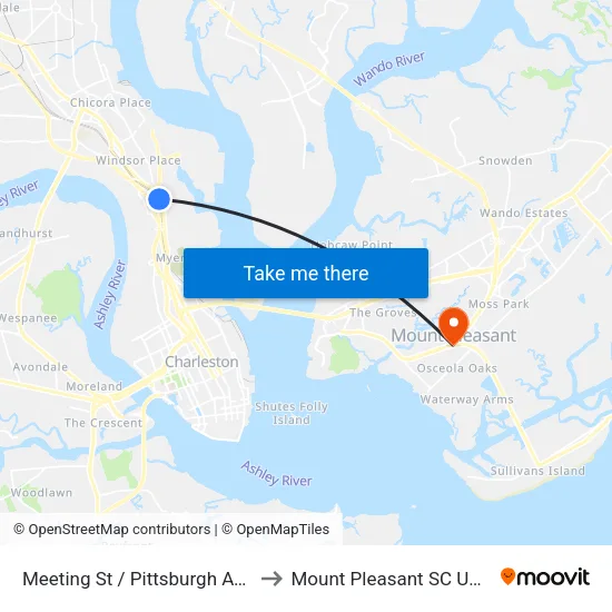 Meeting St / Pittsburgh Ave to Mount Pleasant SC USA map
