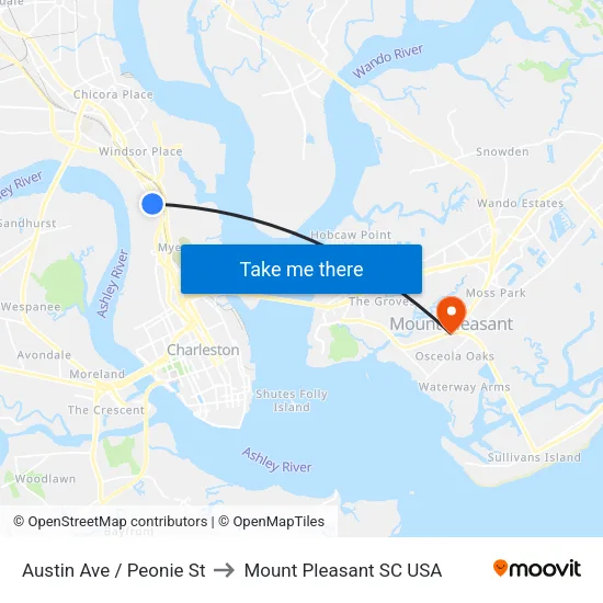 Austin Ave / Peonie St to Mount Pleasant SC USA map