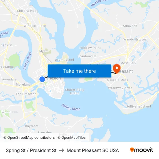 Spring St / President St to Mount Pleasant SC USA map