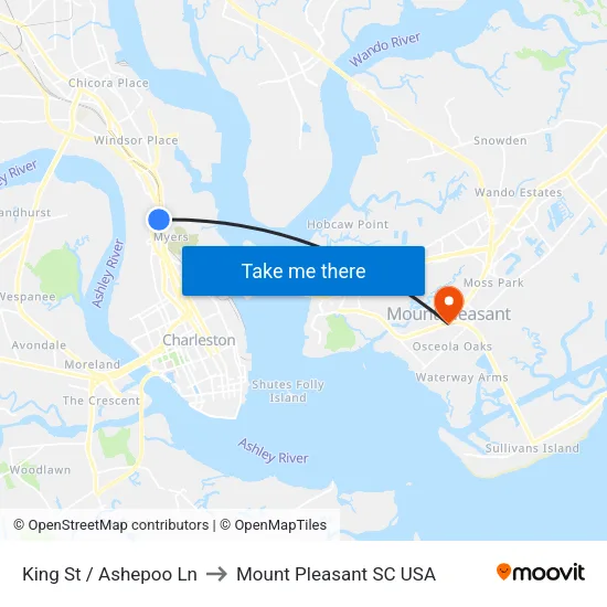 King St / Ashepoo Ln to Mount Pleasant SC USA map