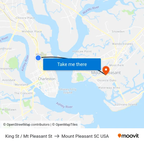 King St / Mt Pleasant St to Mount Pleasant SC USA map
