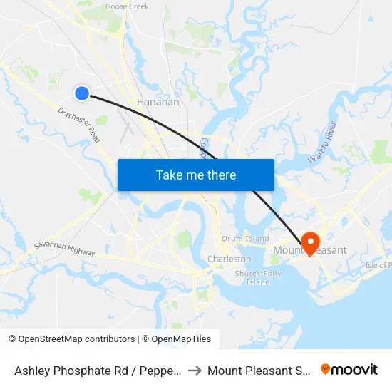 Ashley Phosphate Rd / Pepperidge Dr to Mount Pleasant SC USA map