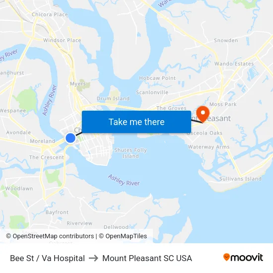 Bee St / Va Hospital to Mount Pleasant SC USA map