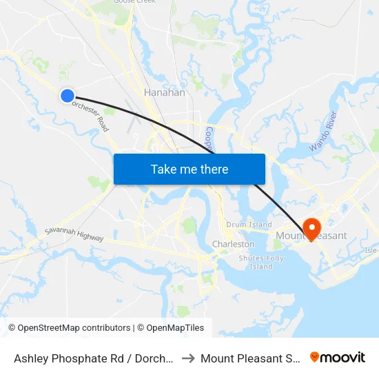 Ashley Phosphate Rd / Dorchester Rd to Mount Pleasant SC USA map