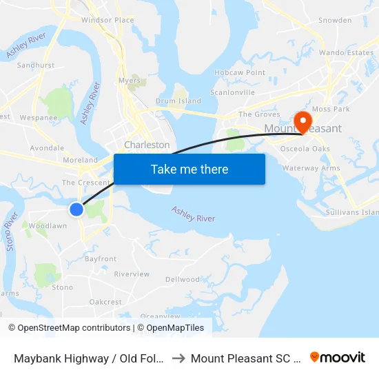 Maybank Highway / Old Folly Rd to Mount Pleasant SC USA map