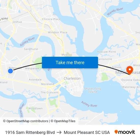1916 Sam Rittenberg Blvd to Mount Pleasant SC USA map