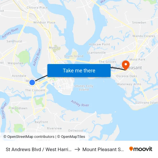 St Andrews Blvd / West Harrison Rd to Mount Pleasant SC USA map