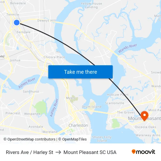 Rivers Ave / Harley St to Mount Pleasant SC USA map