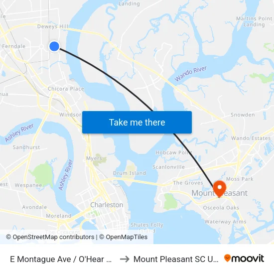 E Montague Ave / O'Hear Ave to Mount Pleasant SC USA map