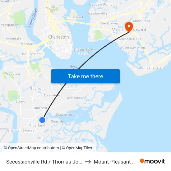Secessionville Rd / Thomas Johnson Park to Mount Pleasant SC USA map