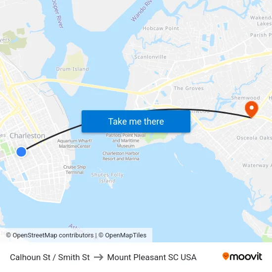 Calhoun St / Smith St to Mount Pleasant SC USA map