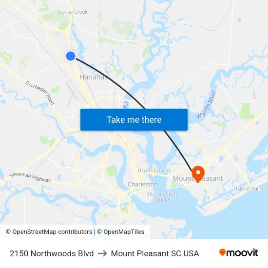 2150 Northwoods Blvd to Mount Pleasant SC USA map