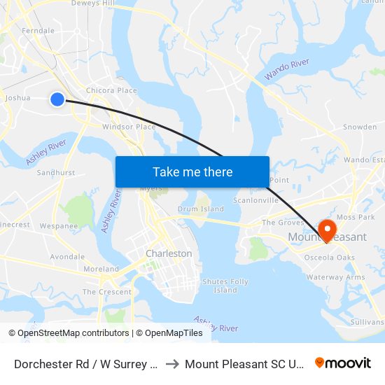 Dorchester Rd / W Surrey Dr to Mount Pleasant SC USA map