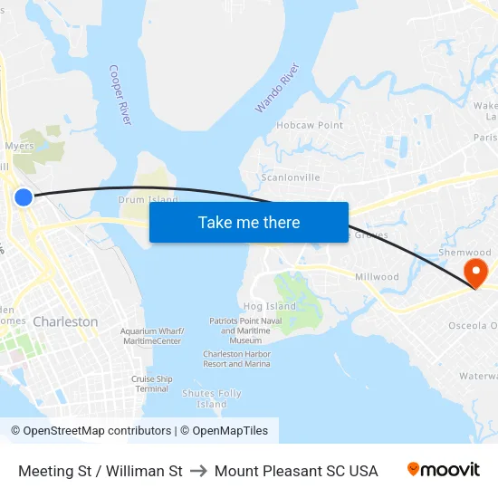 Meeting St / Williman St to Mount Pleasant SC USA map