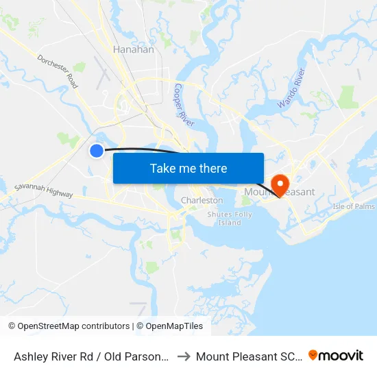 Ashley River Rd / Old Parsonage Rd to Mount Pleasant SC USA map