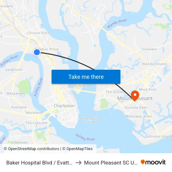Baker Hospital Blvd / Evatt Ln to Mount Pleasant SC USA map