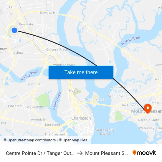 Centre Pointe Dr / Tanger Outlet Blvd to Mount Pleasant SC USA map