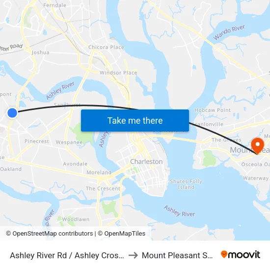 Ashley River Rd / Ashley Crossing Ln to Mount Pleasant SC USA map