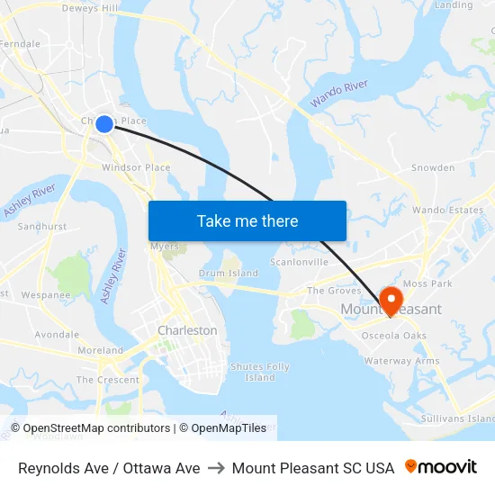 Reynolds Ave / Ottawa Ave to Mount Pleasant SC USA map