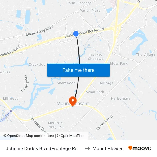 Johnnie Dodds Blvd (Frontage Rd) / Lake Hunter Circle to Mount Pleasant SC USA map