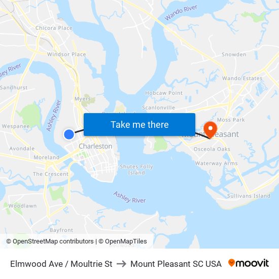 Elmwood Ave / Moultrie St to Mount Pleasant SC USA map