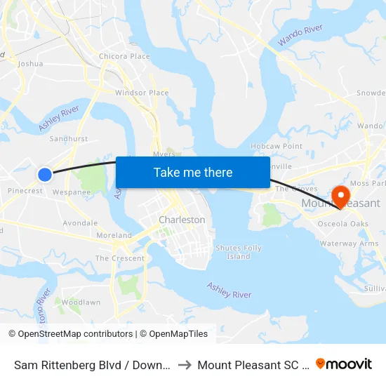 Sam Rittenberg Blvd / Downing St to Mount Pleasant SC USA map
