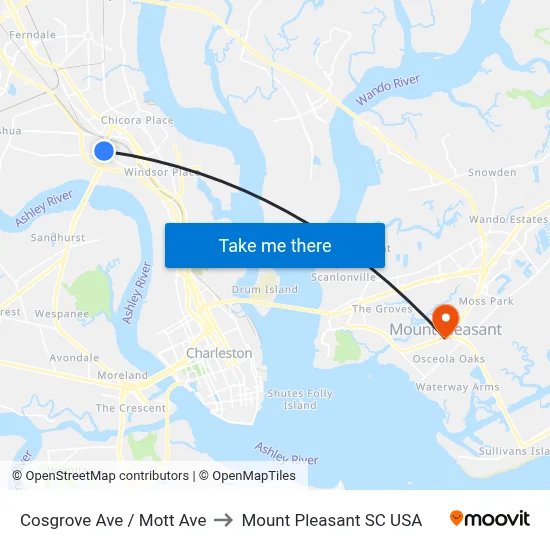 Cosgrove Ave / Mott Ave to Mount Pleasant SC USA map
