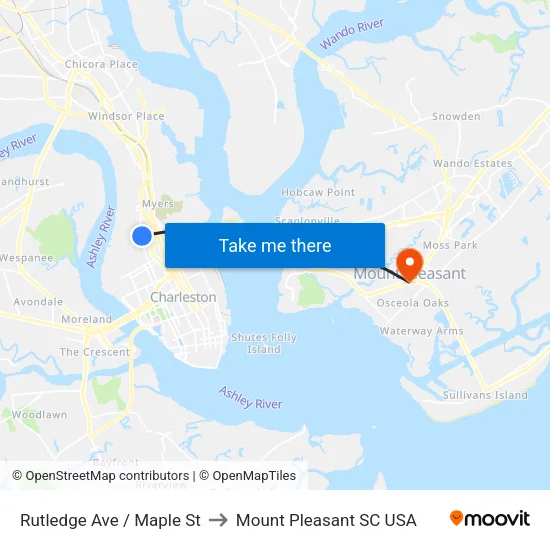 Rutledge Ave / Maple St to Mount Pleasant SC USA map