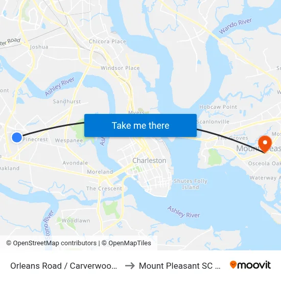 Orleans Road / Carverwood Ln to Mount Pleasant SC USA map