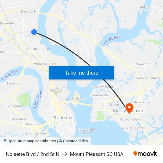 Noisette Blvd / 2nd St N to Mount Pleasant SC USA map