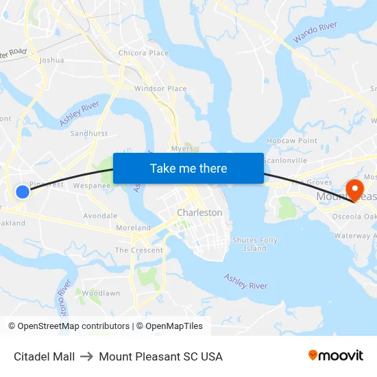 Citadel Mall to Mount Pleasant SC USA map