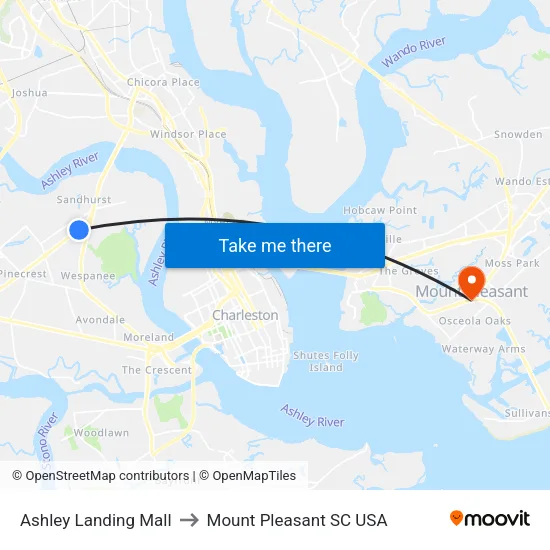 Ashley Landing Mall to Mount Pleasant SC USA map