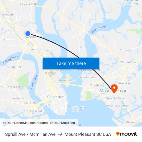 Spruill Ave / Mcmillan Ave to Mount Pleasant SC USA map