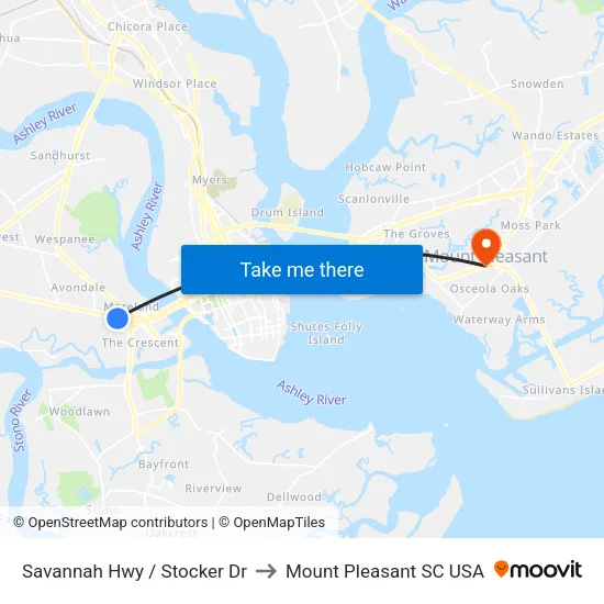 Savannah Hwy / Stocker Dr to Mount Pleasant SC USA map