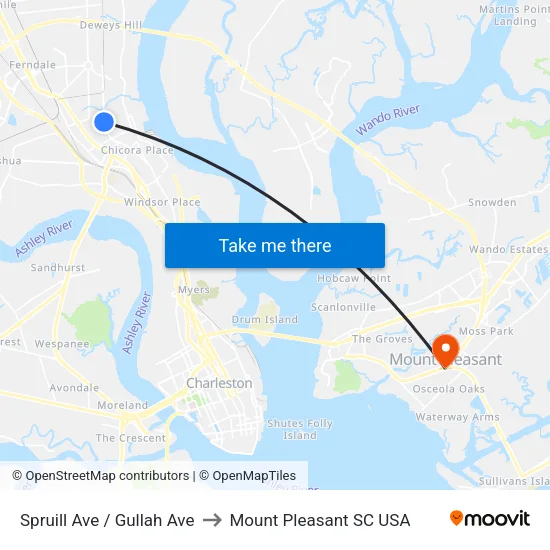 Spruill Ave / Gullah Ave to Mount Pleasant SC USA map