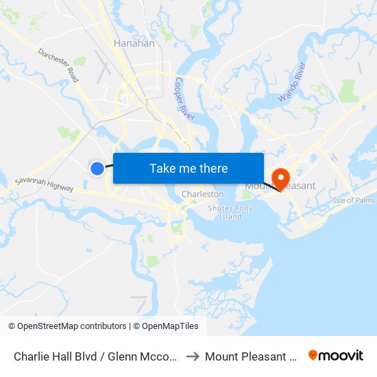 Charlie Hall Blvd / Glenn Mcconnell Pkwy to Mount Pleasant SC USA map