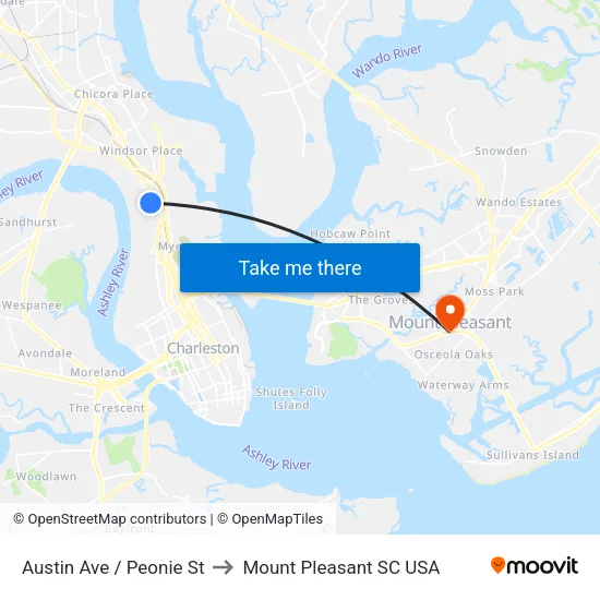 Austin Ave / Peonie St to Mount Pleasant SC USA map