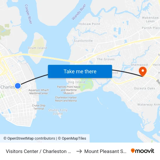 Visitors Center / Charleston Museum to Mount Pleasant SC USA map