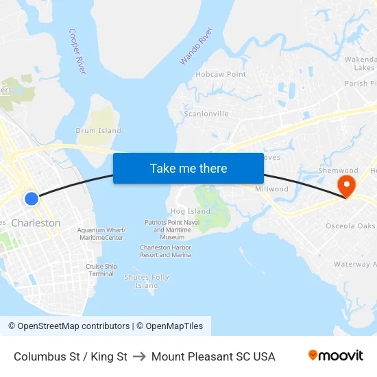 Columbus St / King St to Mount Pleasant SC USA map